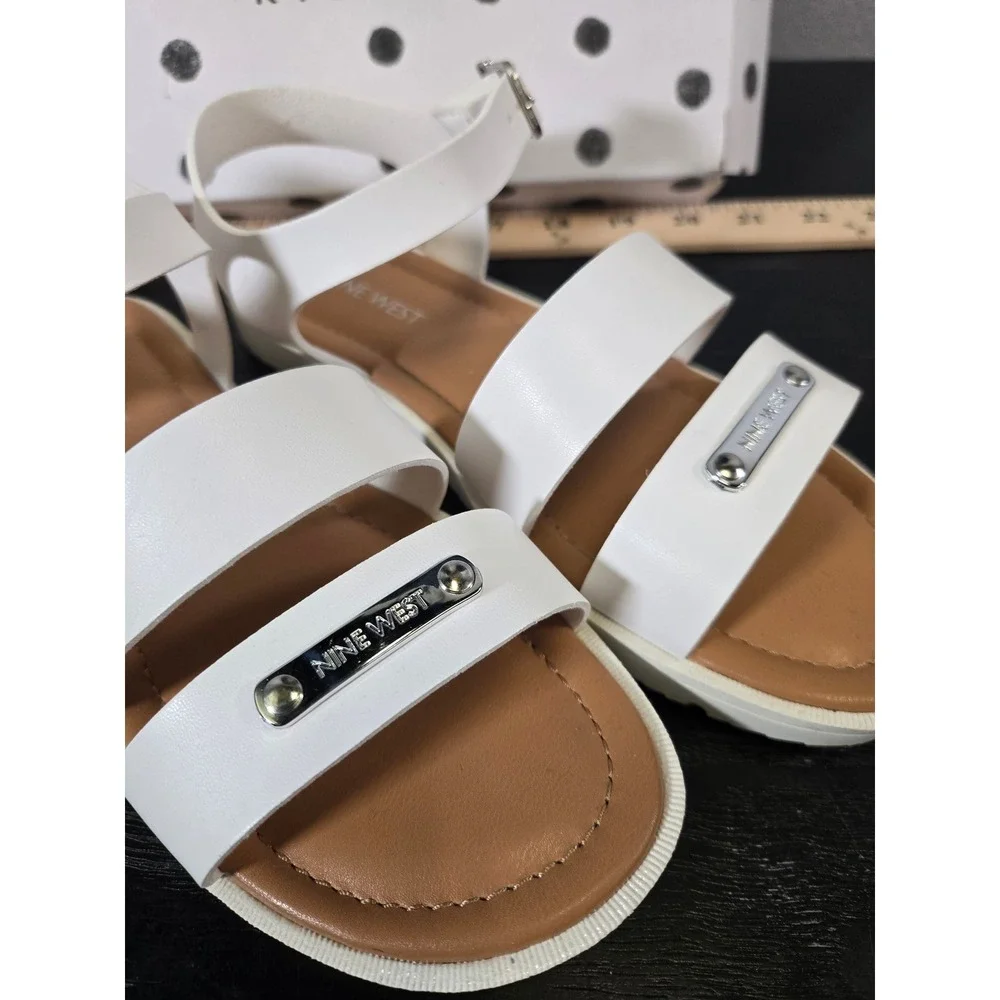 Nine West Kids White Triple Strap Logo Plate Buckle Sandals Size 3